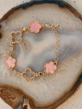Gold Tone Bracelet with Pink + Crystal Clover Accents